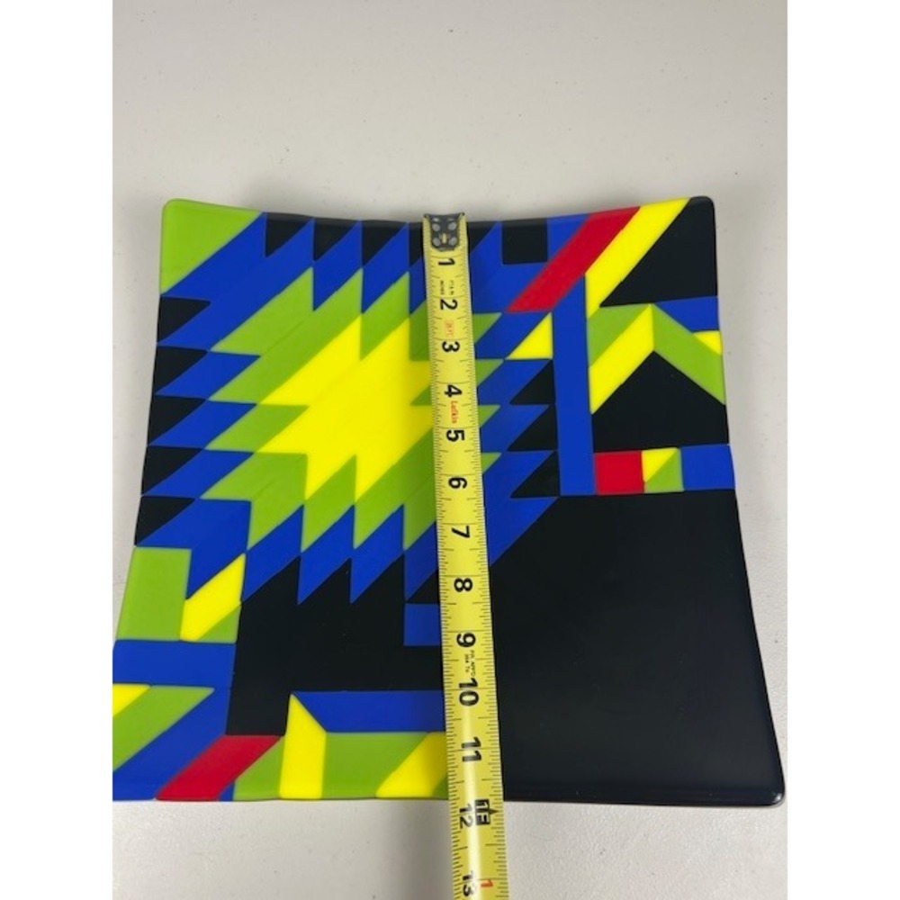 Handcrafted Fused Glass Square Console Abstract Geometric Black Blue Yellow 12in - Picture 5 of 10